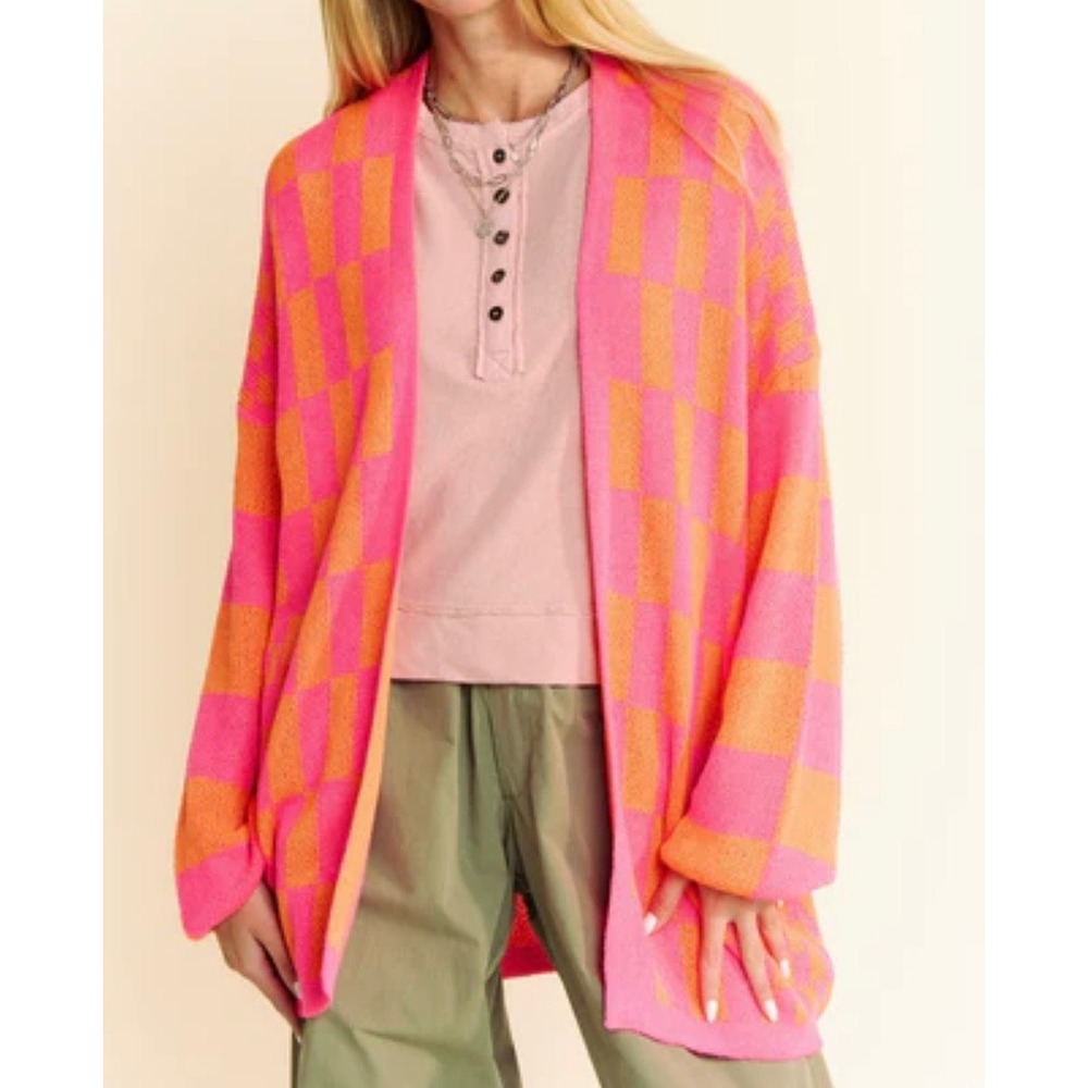 Davi & Dani Pink Orange Checkered Fuzzy Open Front Cardigan Sweater Womens New